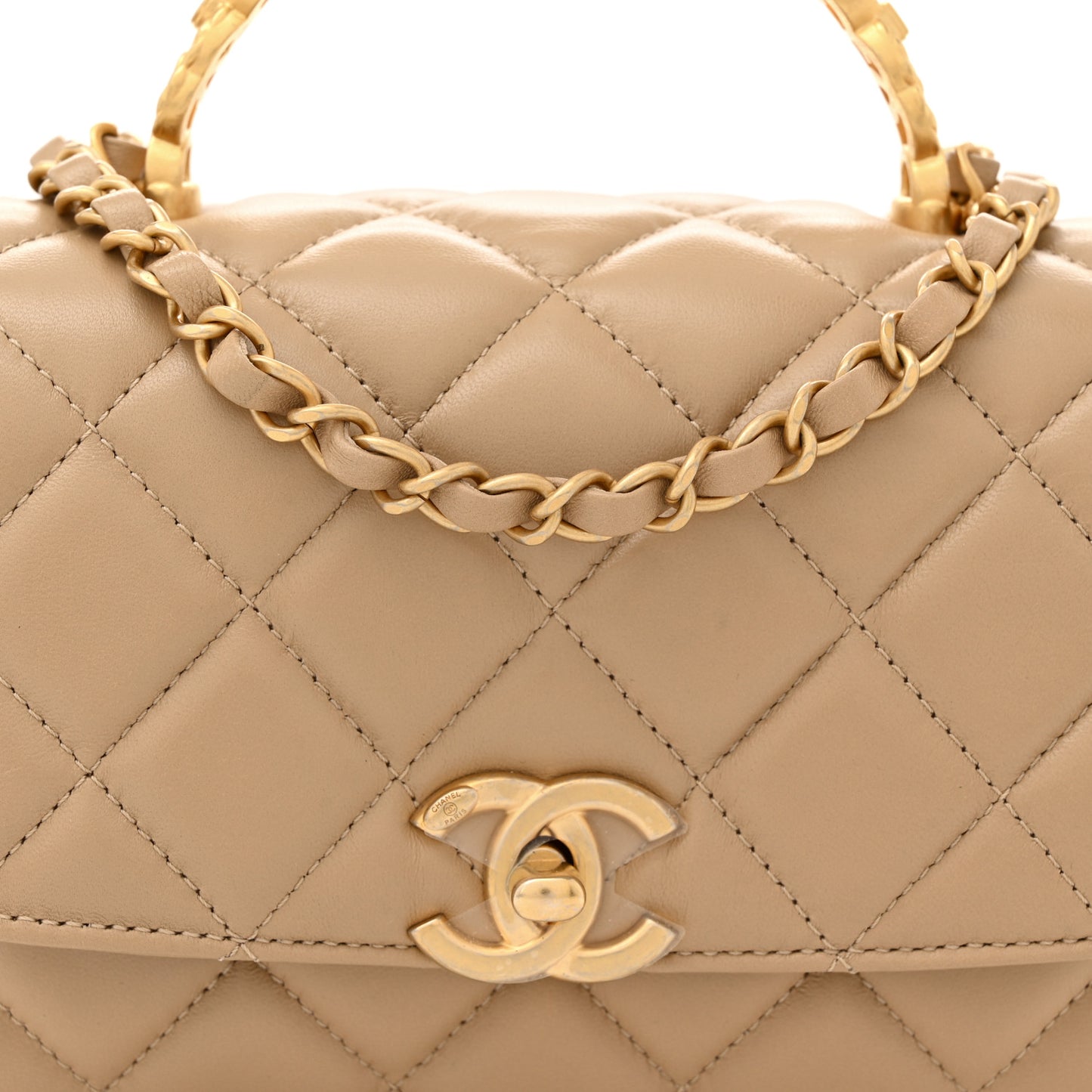 Lambskin Quilted Strass Small CC Top Handle Flap Beige