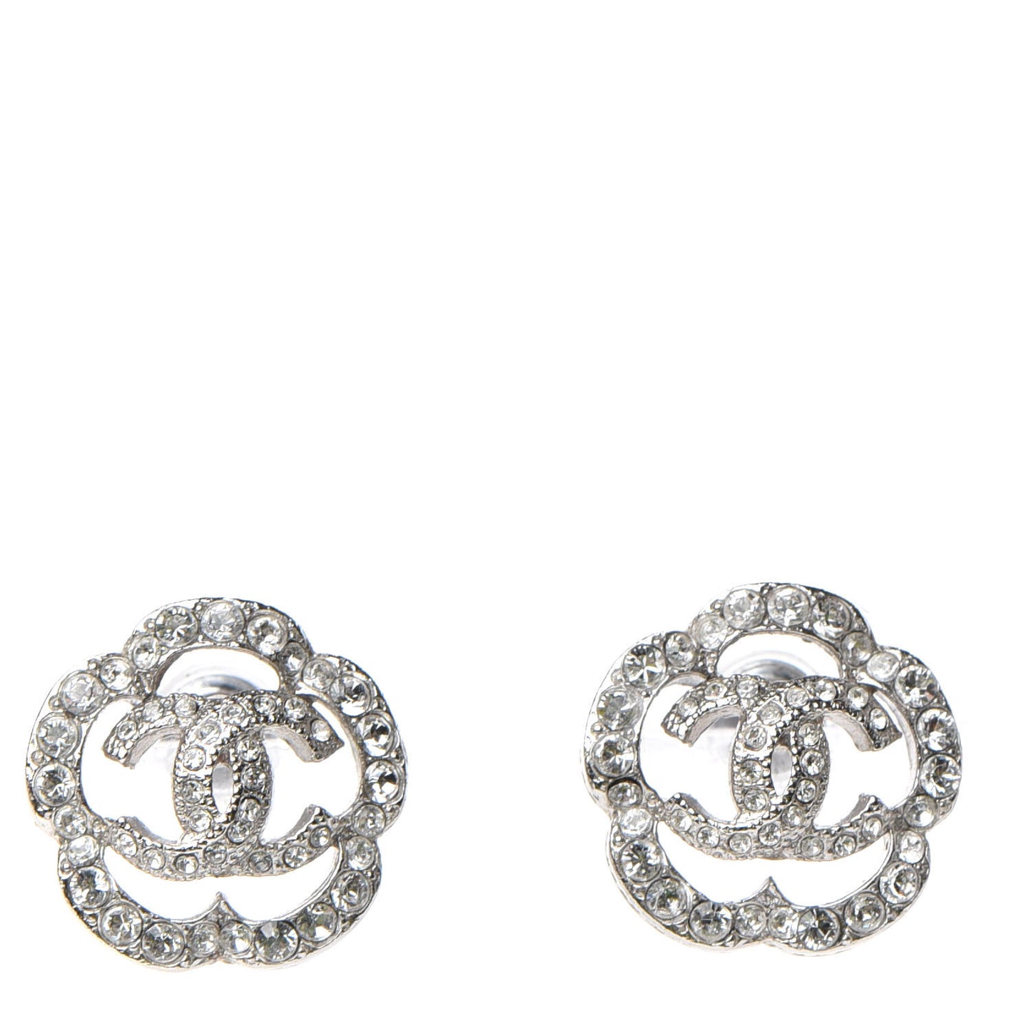 Crystal Coco Flapper Camellia CC Stud Earrings Silver