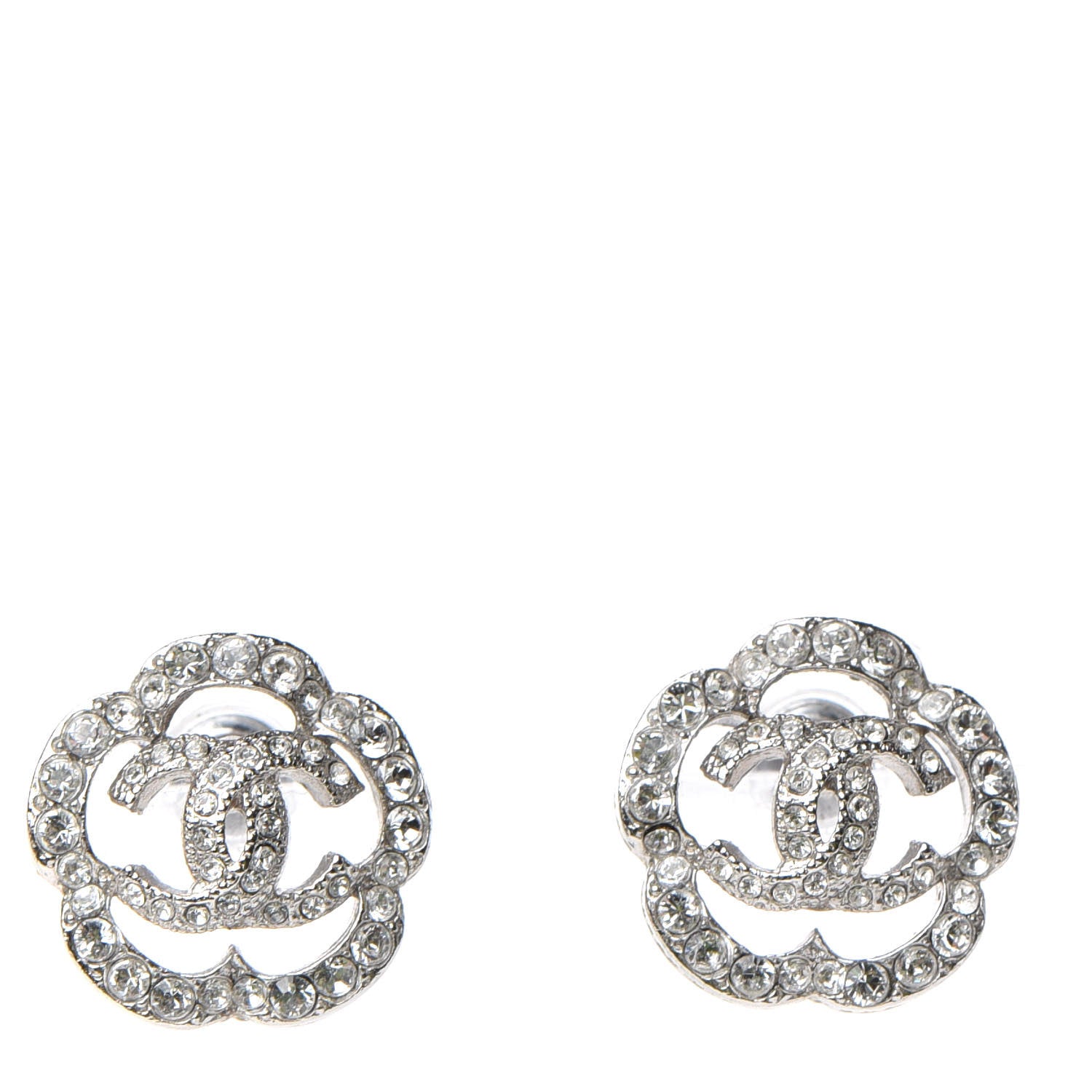 Chanel Crystal Coco Flapper Camellia CC Stud Earrings Silver 1 of 4