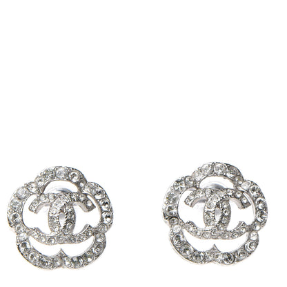 Chanel Crystal Coco Flapper Camellia CC Stud Earrings Silver 1 of 4