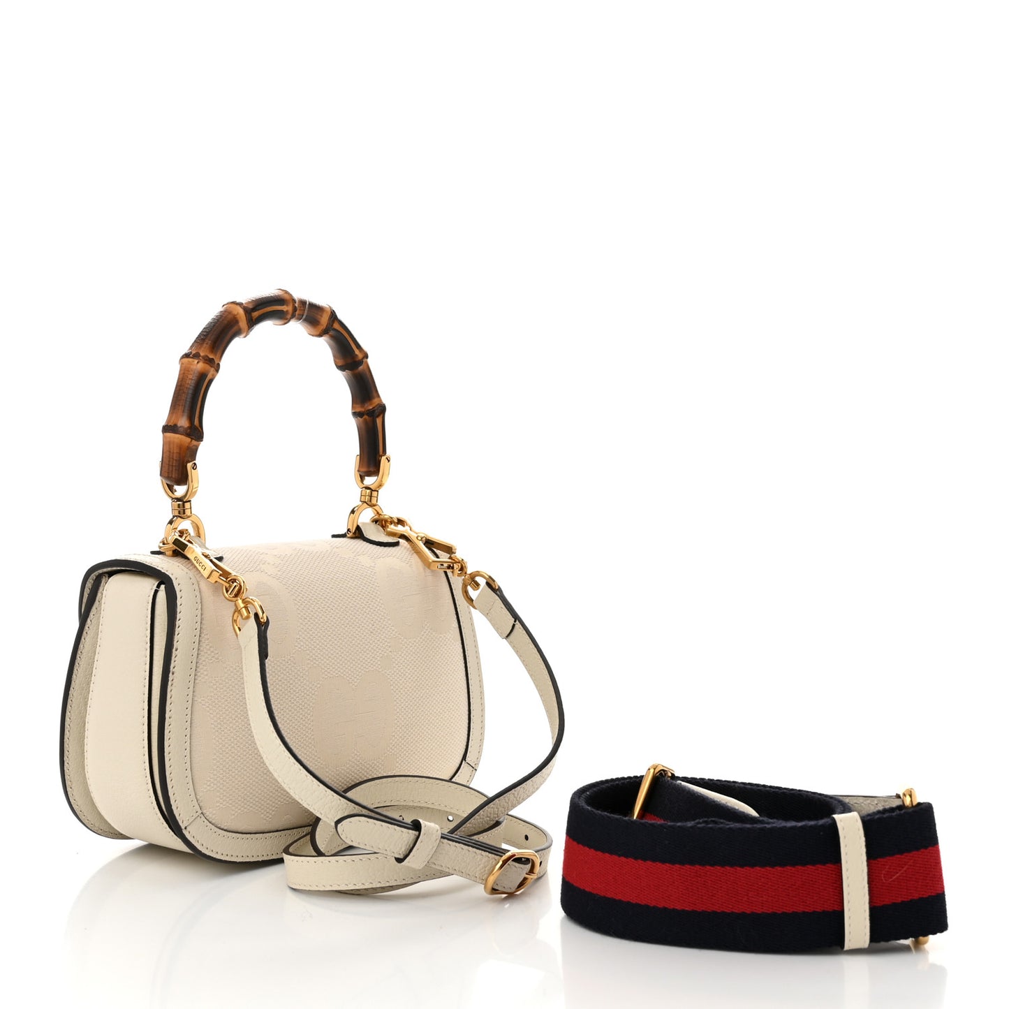 Monogram Jumbo GG Textured Dollar Calfskin Web Small Bamboo 1947 Top Handle Bag Off White