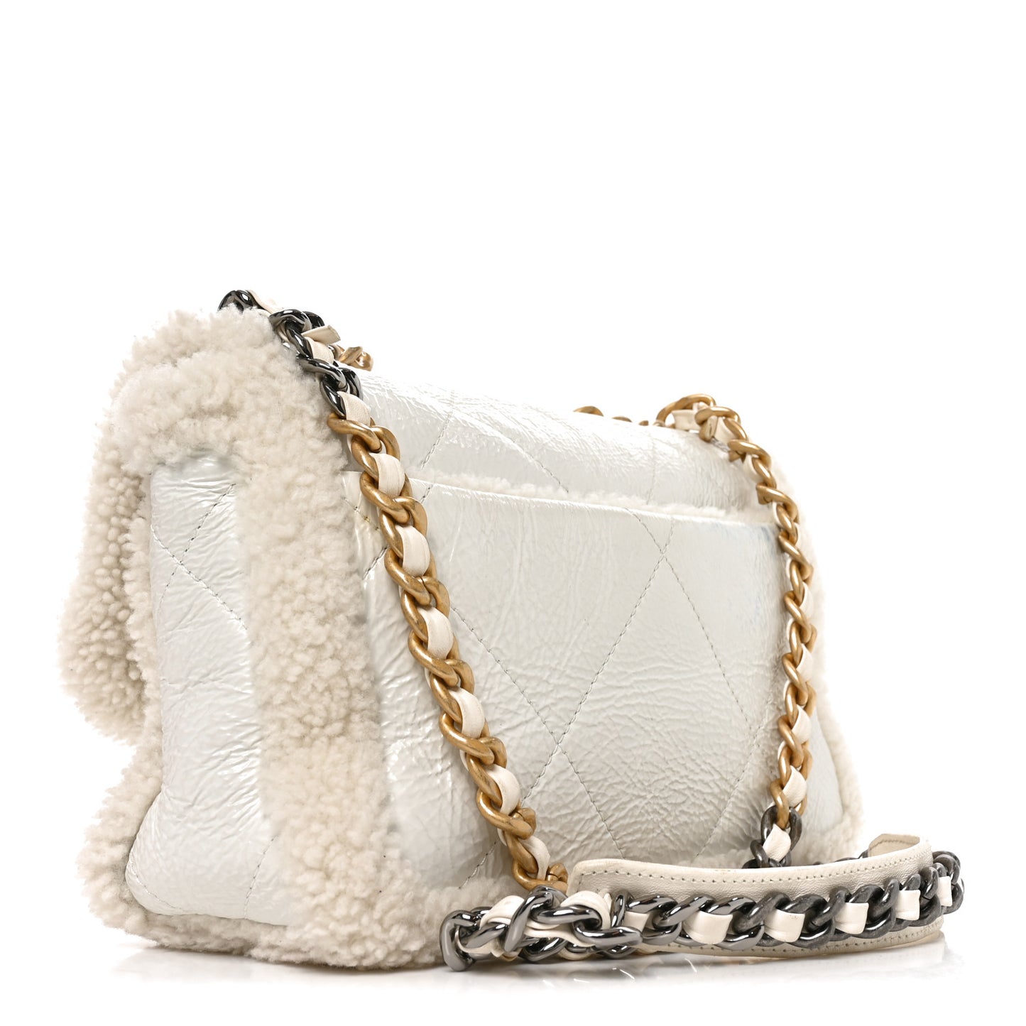 Crumpled Calfskin Shearling Sheepskin Medium Chanel 19 Flap White