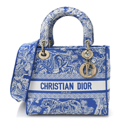 Christian Dior Canvas Toile De Jouy Reverse Embroidered Medium Lady D-Lite Fluorescent Blue 1 of 10