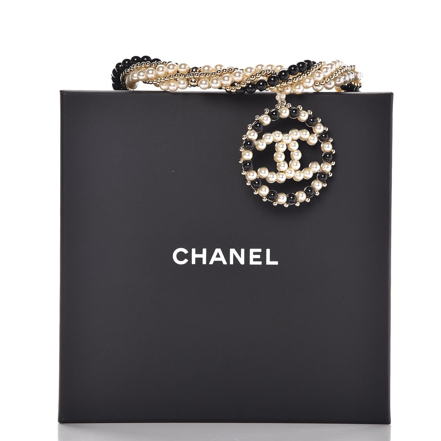 Pearl Beaded CC Multistrand Necklace Gold Black White