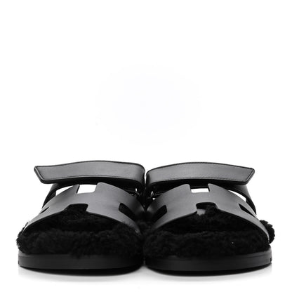 Hermes Calfskin Woolskin Womens Chypre Sandals 36 Black 2 of 5