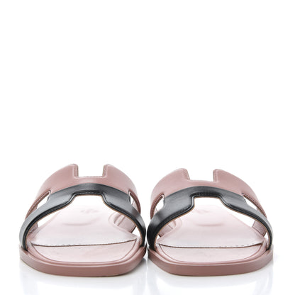 Hermes Box Calfskin Oran Sandals 37.5 Black Vieux Rose 2 of 13