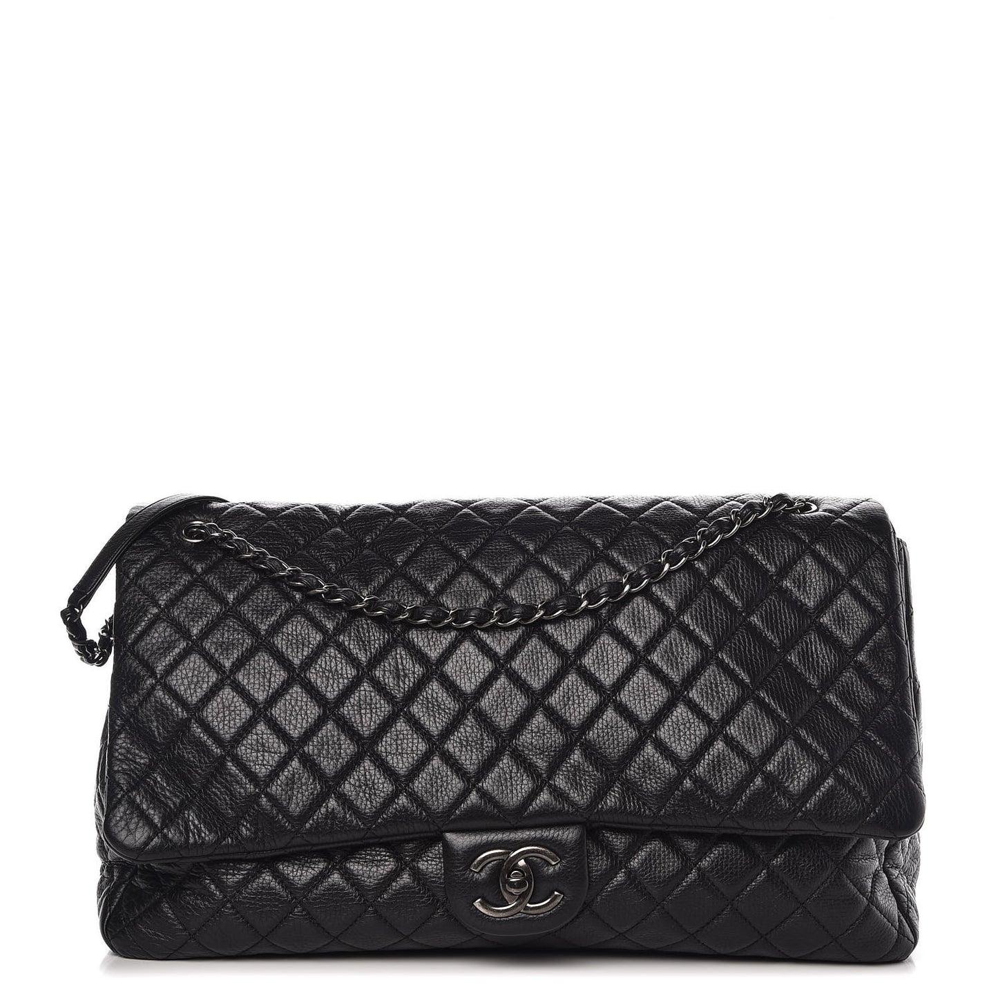 Calfskin Quilted XXL Travel Flap Bag Black