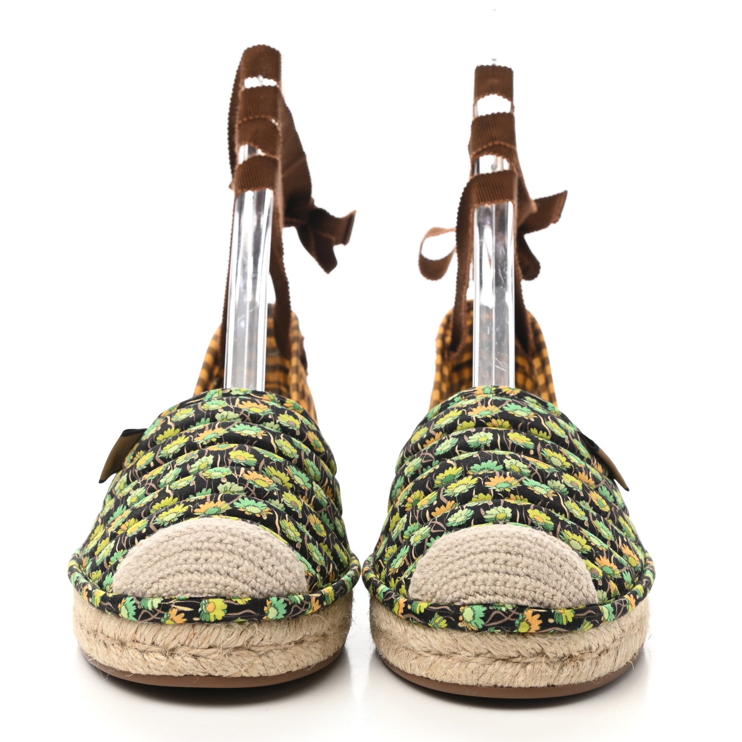 Fendi Canvas Quilted Floral Print Gingham Ankle Wrap Flat Espadrilles 36 Multicolor 2 of 8