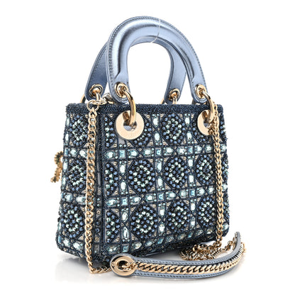 Christian Dior Metallic Calfskin Satin Celestial Bead Embroidery Cannage Mini Lady Dior Blue 3 of 10