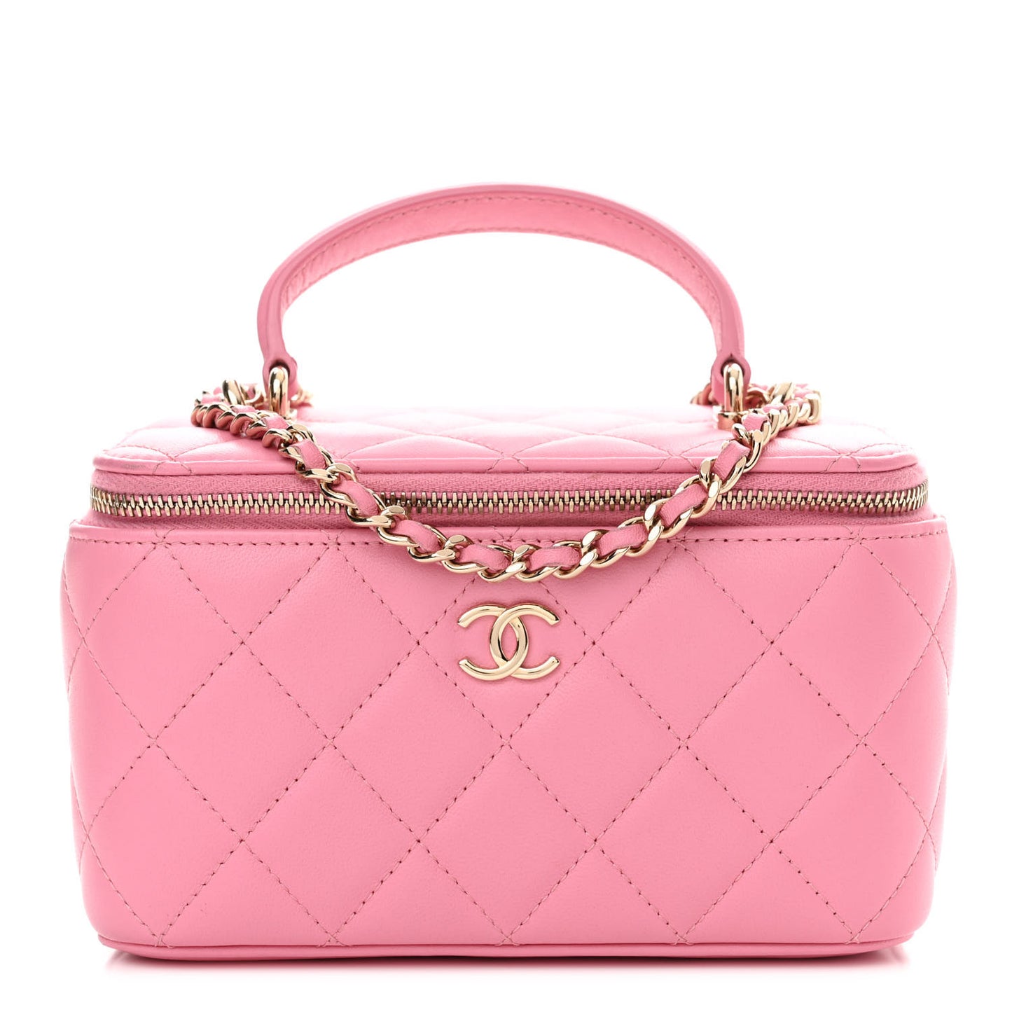 Lambskin Quilted Small Top Handle Vanity Case With Chain Pink