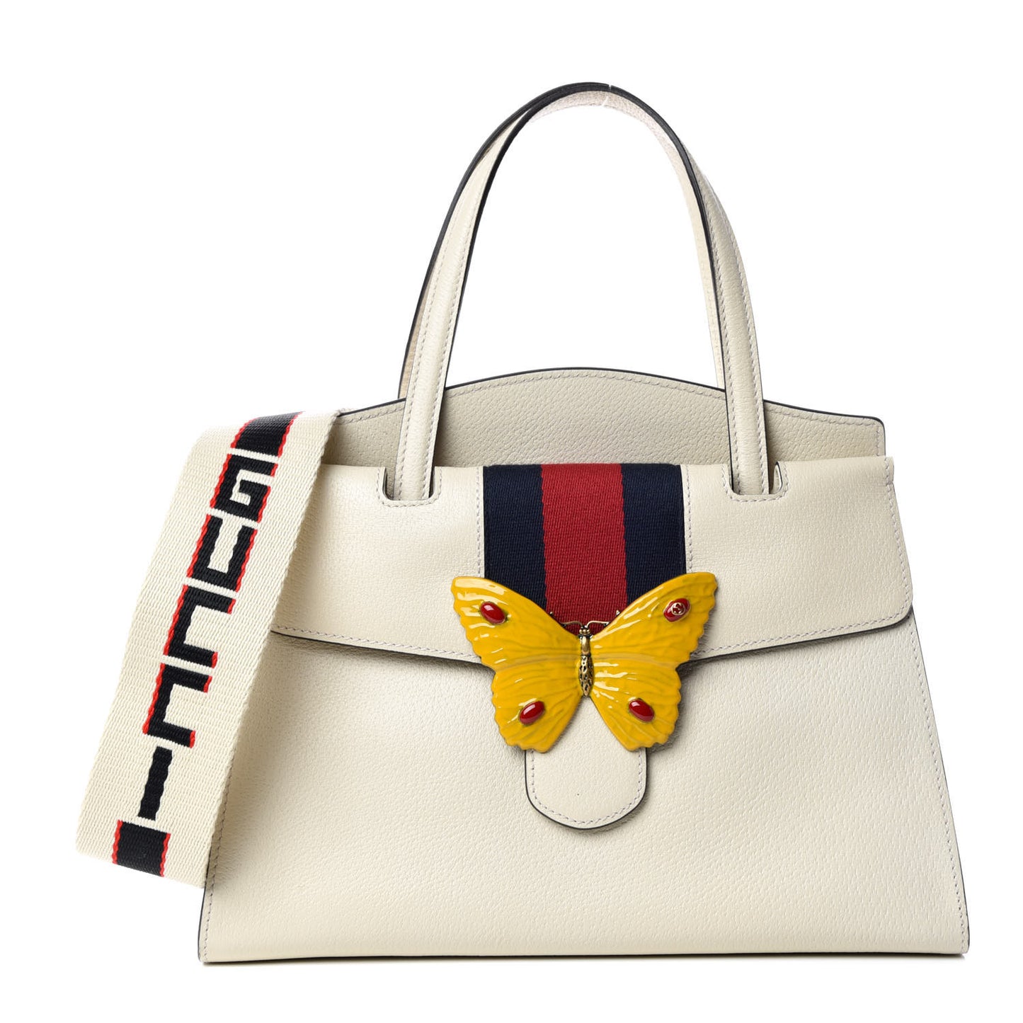 Grained Calfskin Web Stripe Butterfly Medium Totem Top Handle Bag White