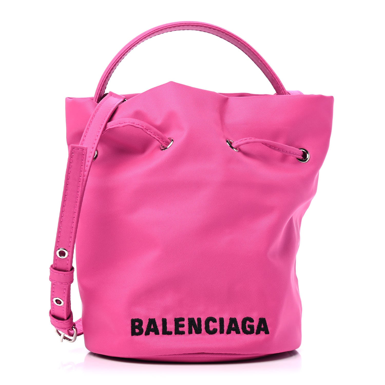 Balenciaga Recycled Sport Nylon Logo Embroidered Wheel Drawstring Bucket Bag Fluo Pink Black 1 of 4