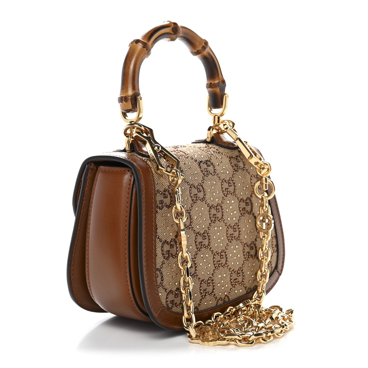 Gucci New Canvas Charisma Calfskin Crystal GG Monogram Small Bamboo 1947 Top Handle Bag Camel Ebony 3 of 10