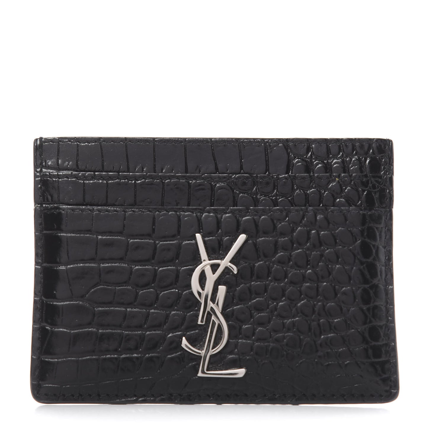 Calfskin Crocodile Embossed Monogram Credit Card Case Black