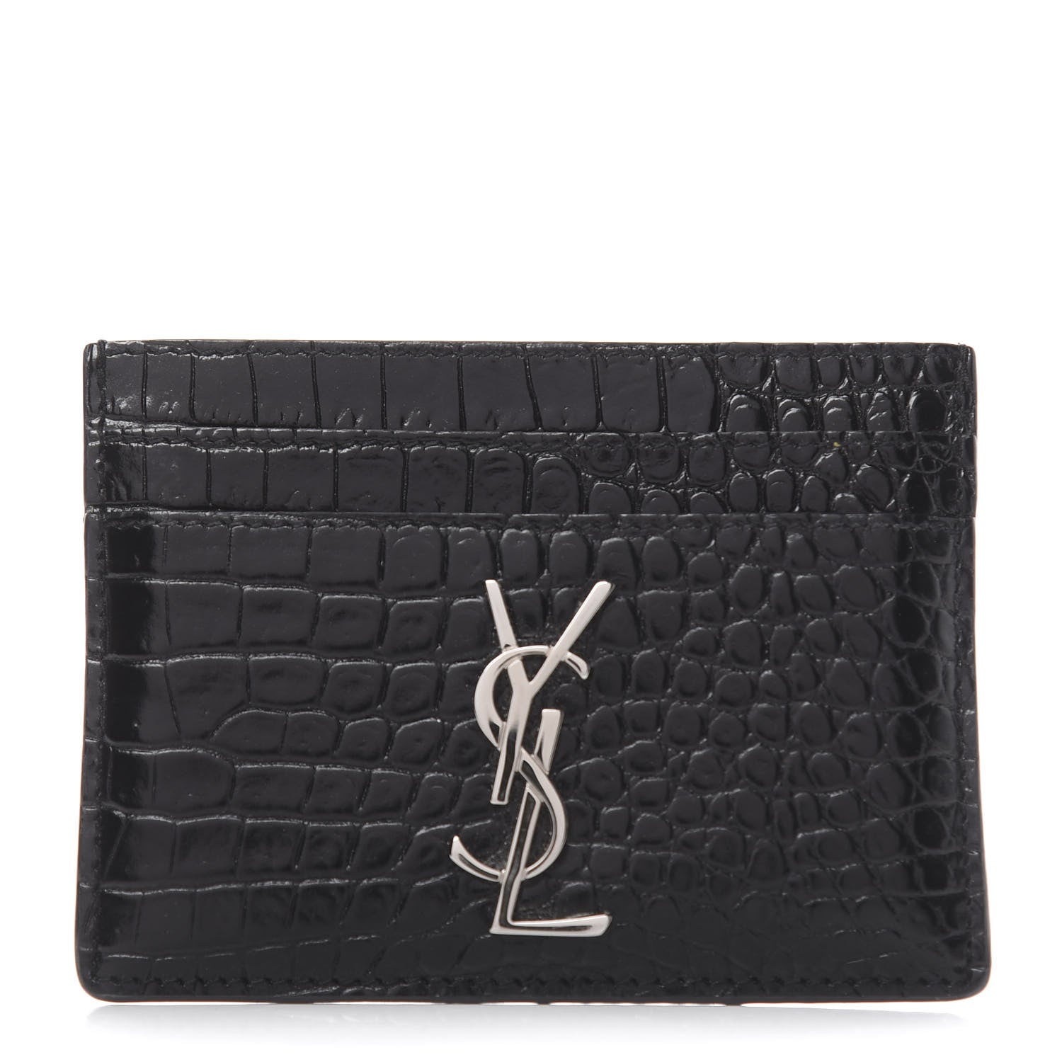 Saint Laurent Calfskin Crocodile Embossed Monogram Credit Card Case Black 1 of 7