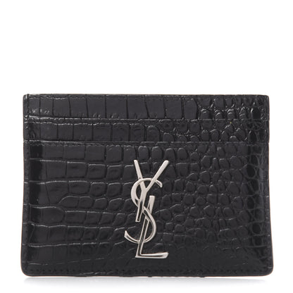 Saint Laurent Calfskin Crocodile Embossed Monogram Credit Card Case Black 1 of 7