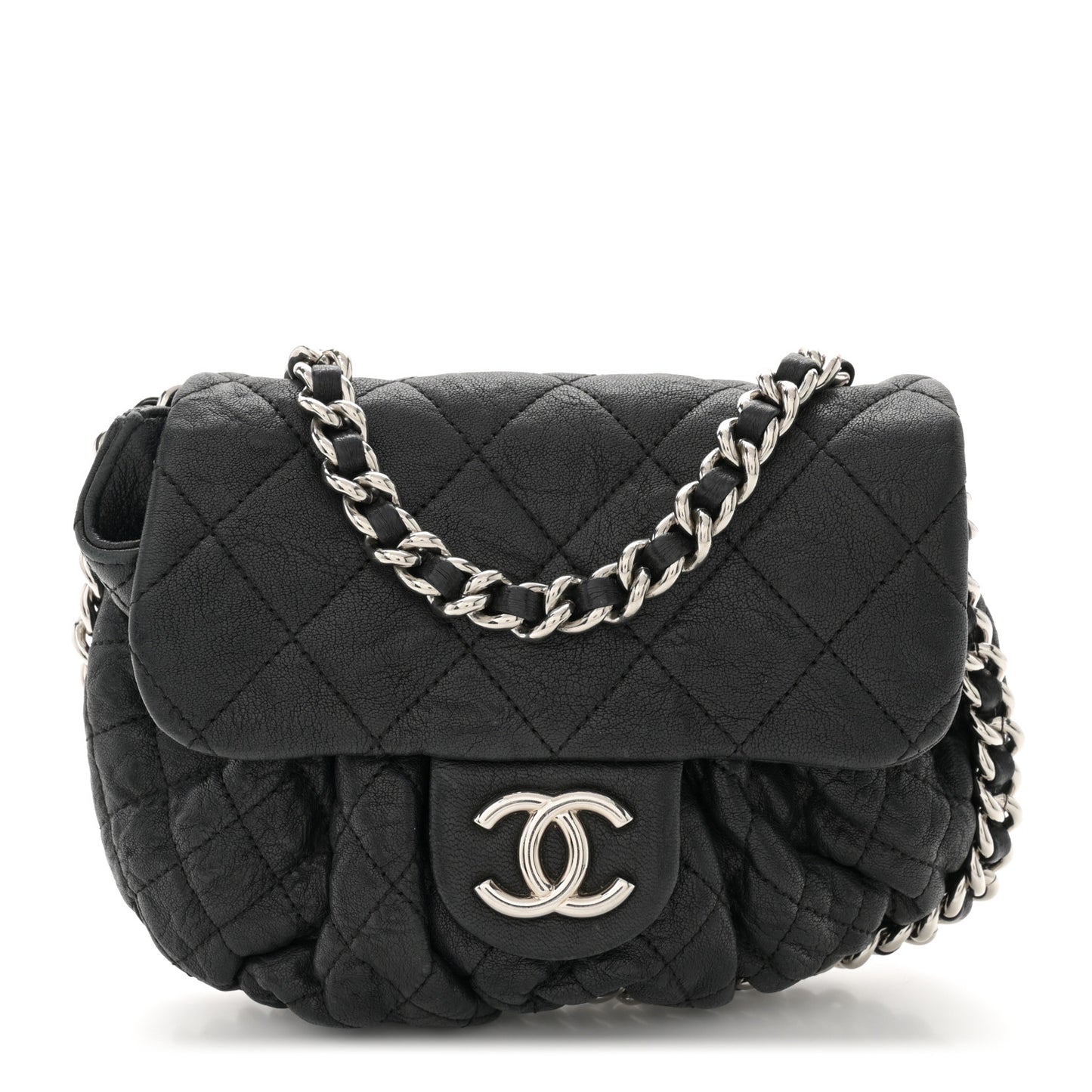 Washed Lambskin Quilted Mini Chain Around Flap Black