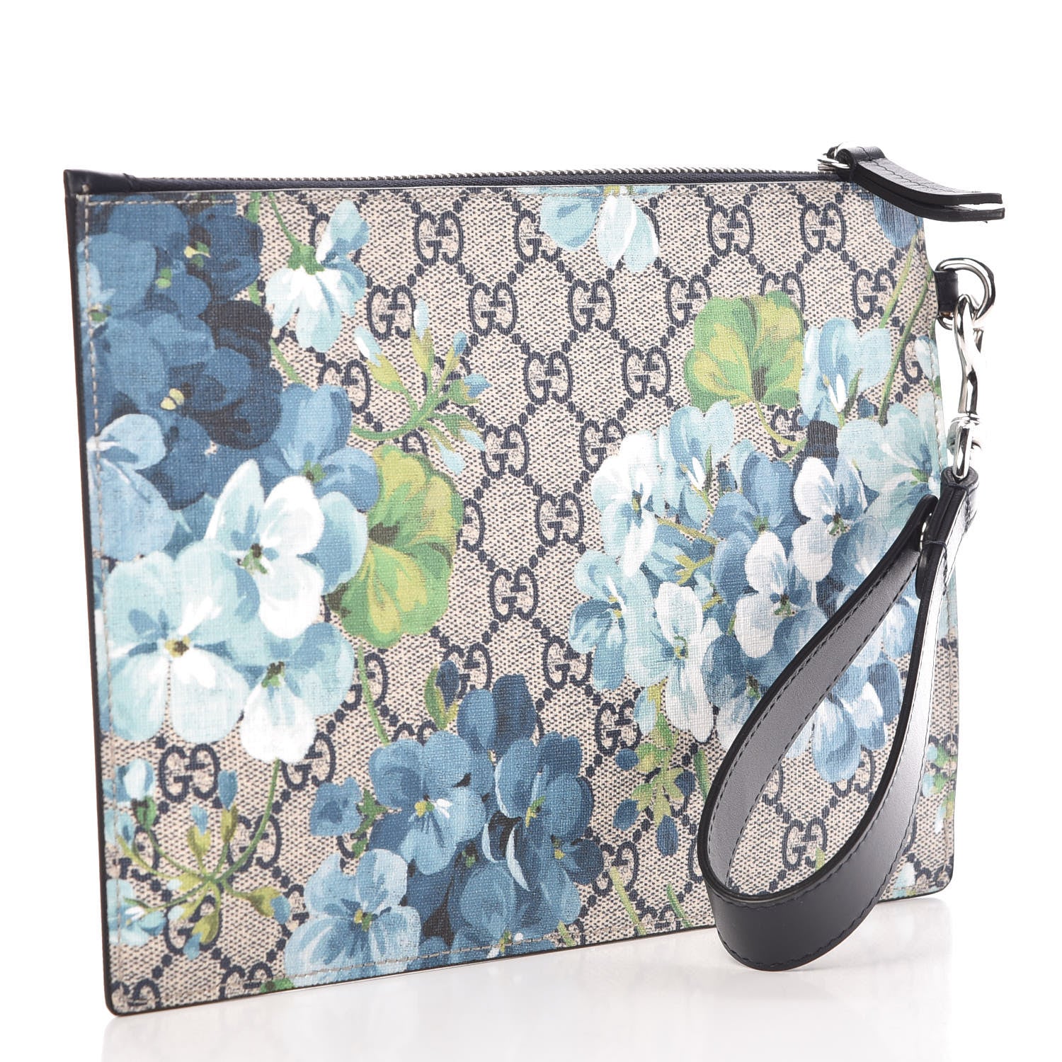 Gucci GG Supreme Monogram Blooms Small Zip Wristlet Pouch Beige Blue Black 3 of 6