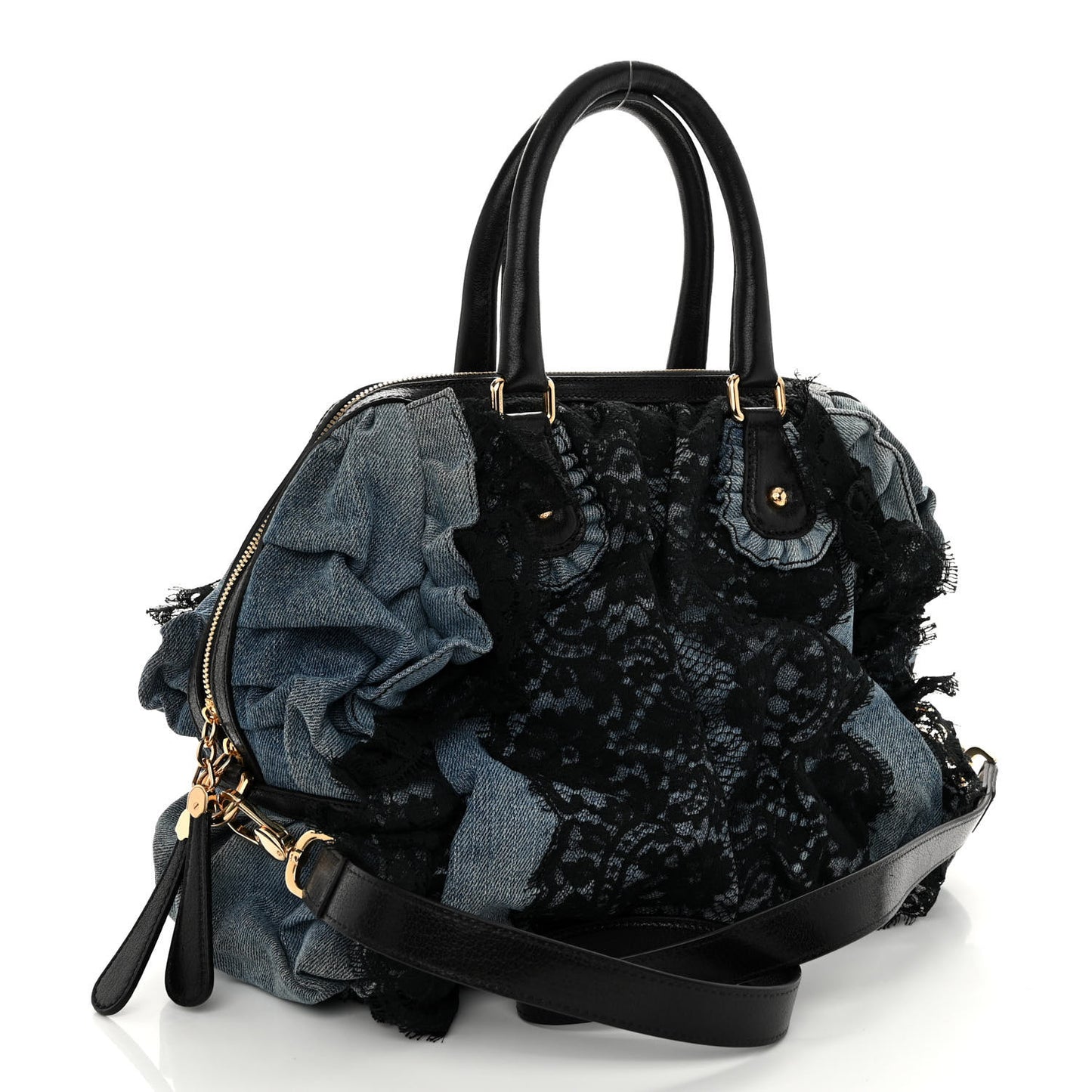 Denim Lace Calfskin Ruffled Miss Rouche Satchel Blue Black