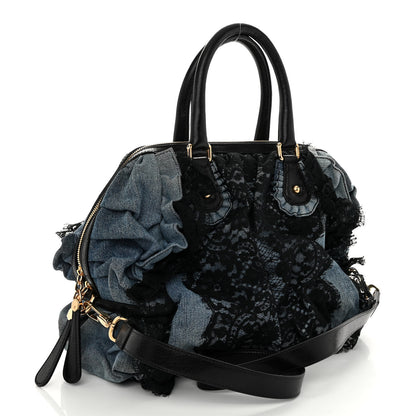 Dolce & Gabbana Denim Lace Calfskin Ruffled Miss Rouche Satchel Blue Black 3 of 9