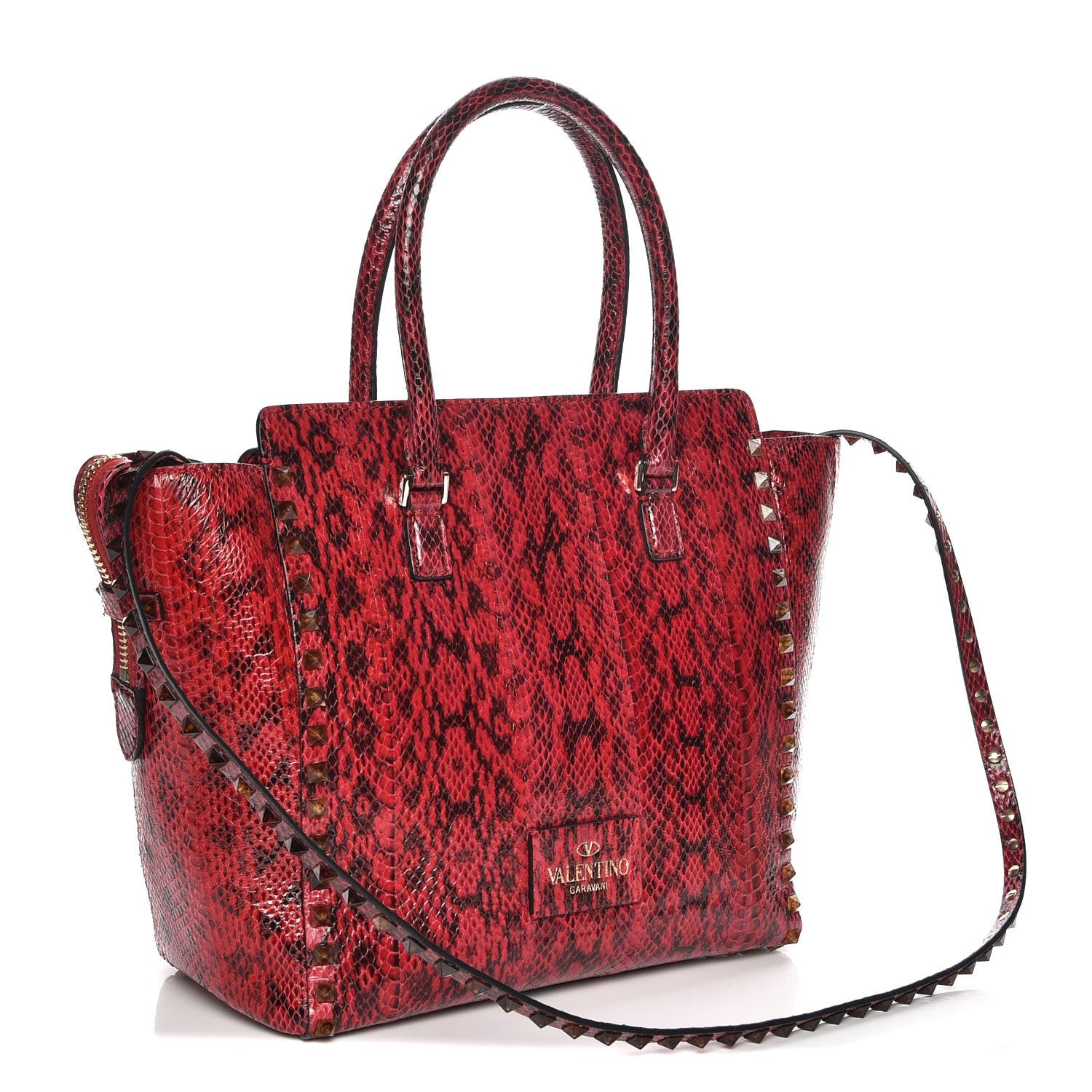 Valentino Garavani Snakeskin Rockstud Double Handle Tote Rouge 4 of 8