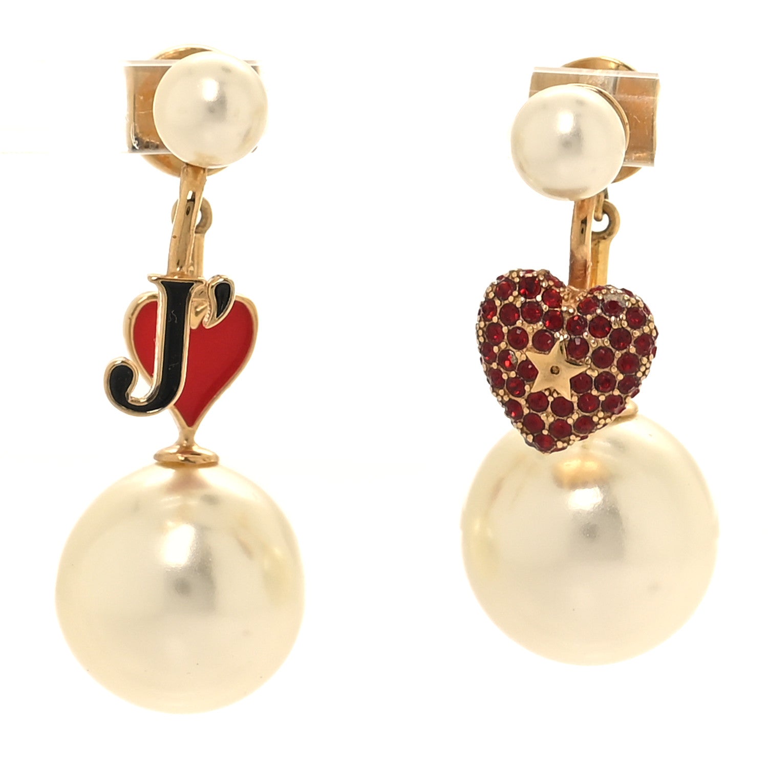 Christian Dior Pearl Crystal Enamel Heart Tribal Earring Gold Red 1 of 5
