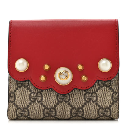 Gucci GG Supreme Monogram Pearl Studded French Wallet Beige Hibiscus Red 1 of 14