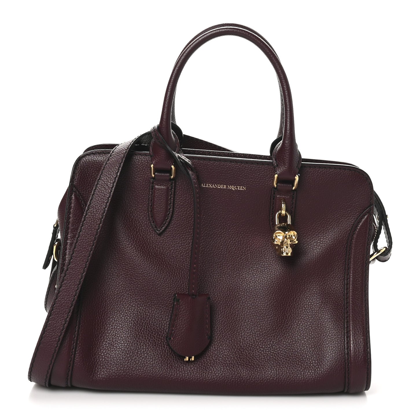 Pebbled Calfskin Small Skull Padlock Zip Around Tote Burgundy