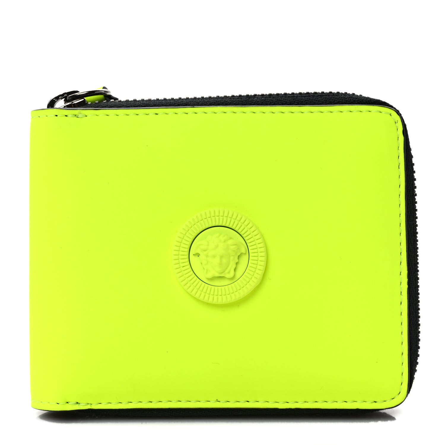 Versace Calfskin Rubber Medusa Biggie Bifold Compact Zip Around Wallet Fluorescent Yellow 1 of 6