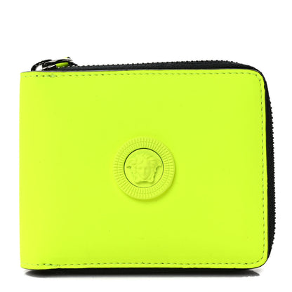 Versace Calfskin Rubber Medusa Biggie Bifold Compact Zip Around Wallet Fluorescent Yellow 1 of 6