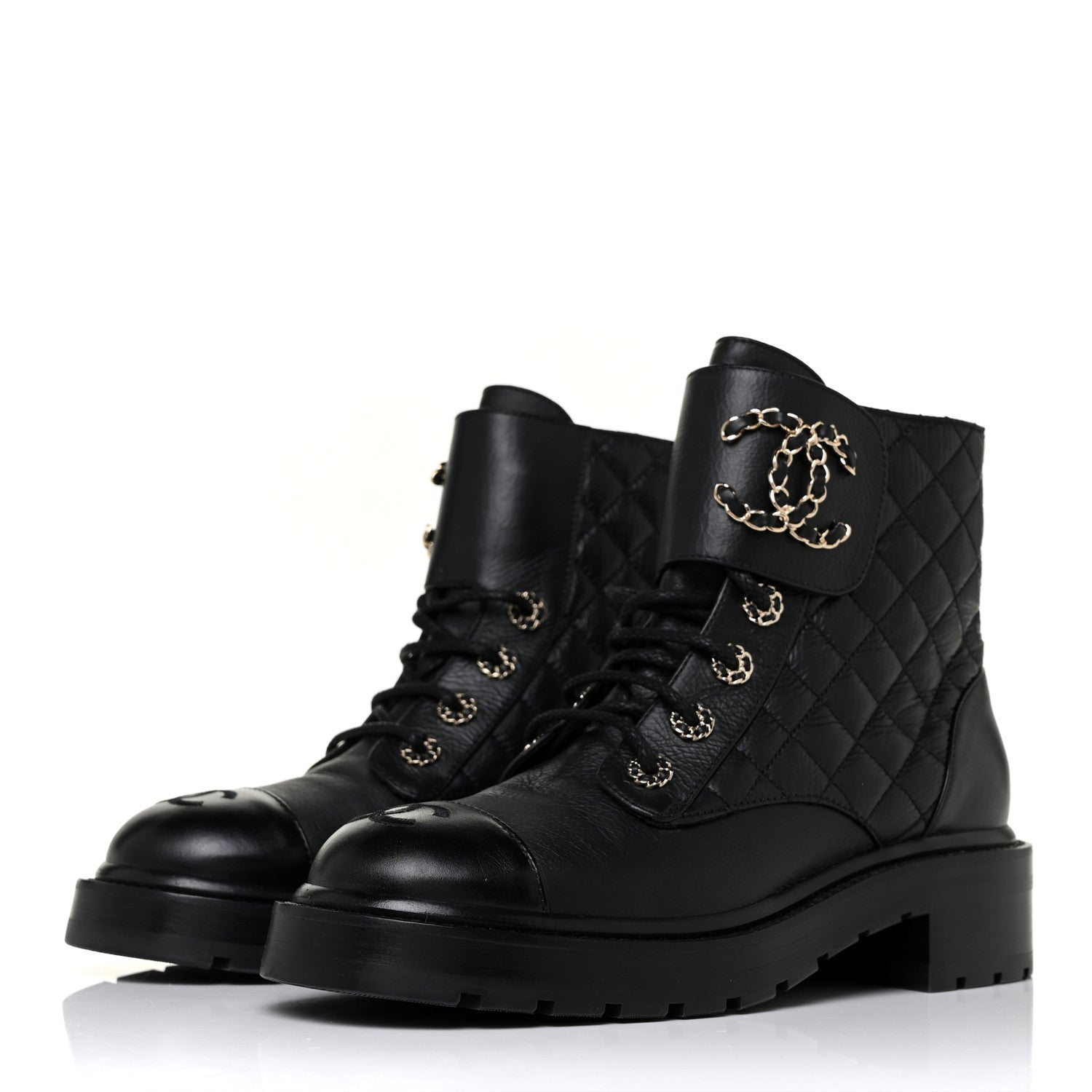 Chanel Shiny Lambskin Quilted Lace Up Combat Boots 38 Black 2 of 10