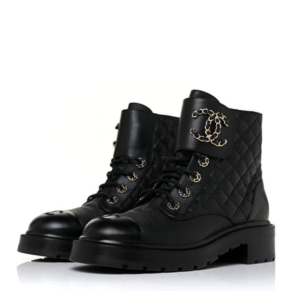 Chanel Shiny Lambskin Quilted Lace Up Combat Boots 38 Black 2 of 10
