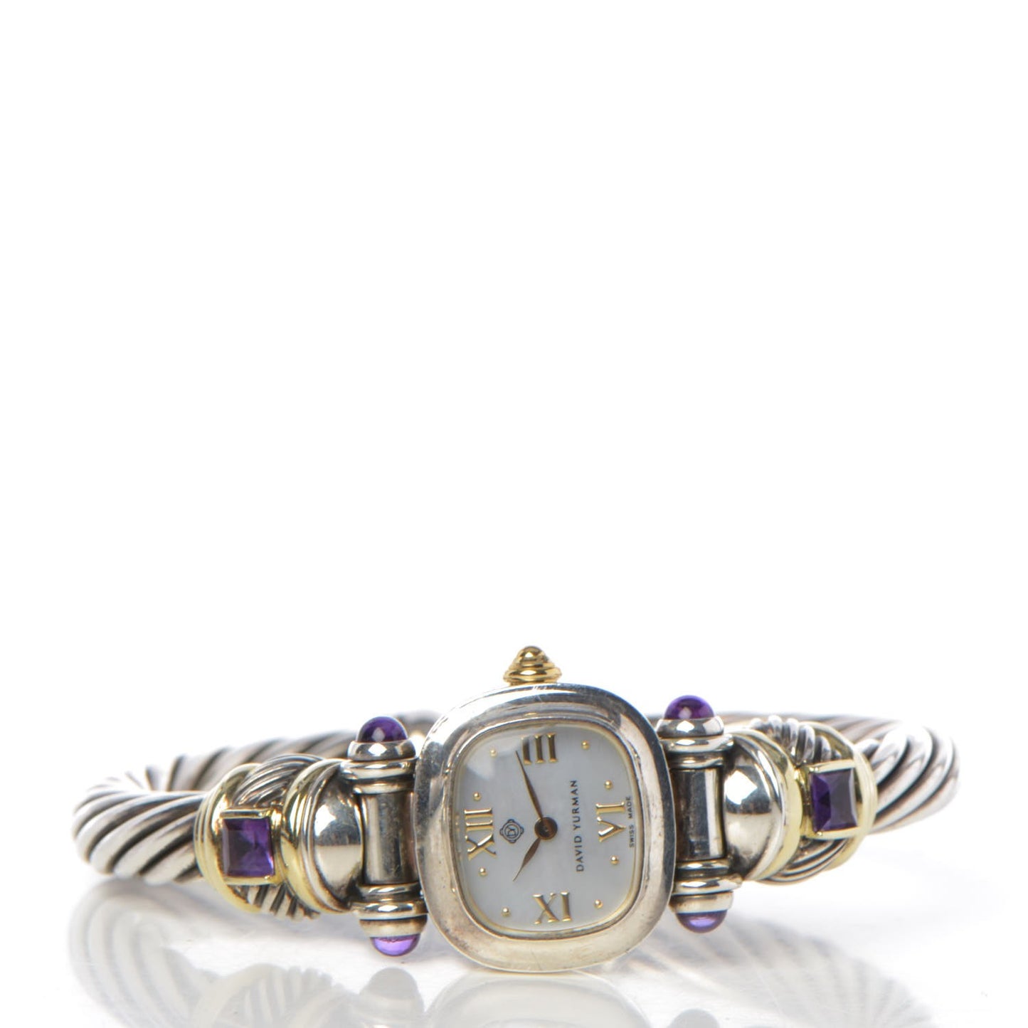 Sterling Silver 14K Yellow Gold Mother of Pearl Amethyst 21mm Classic Cable Quartz Watch