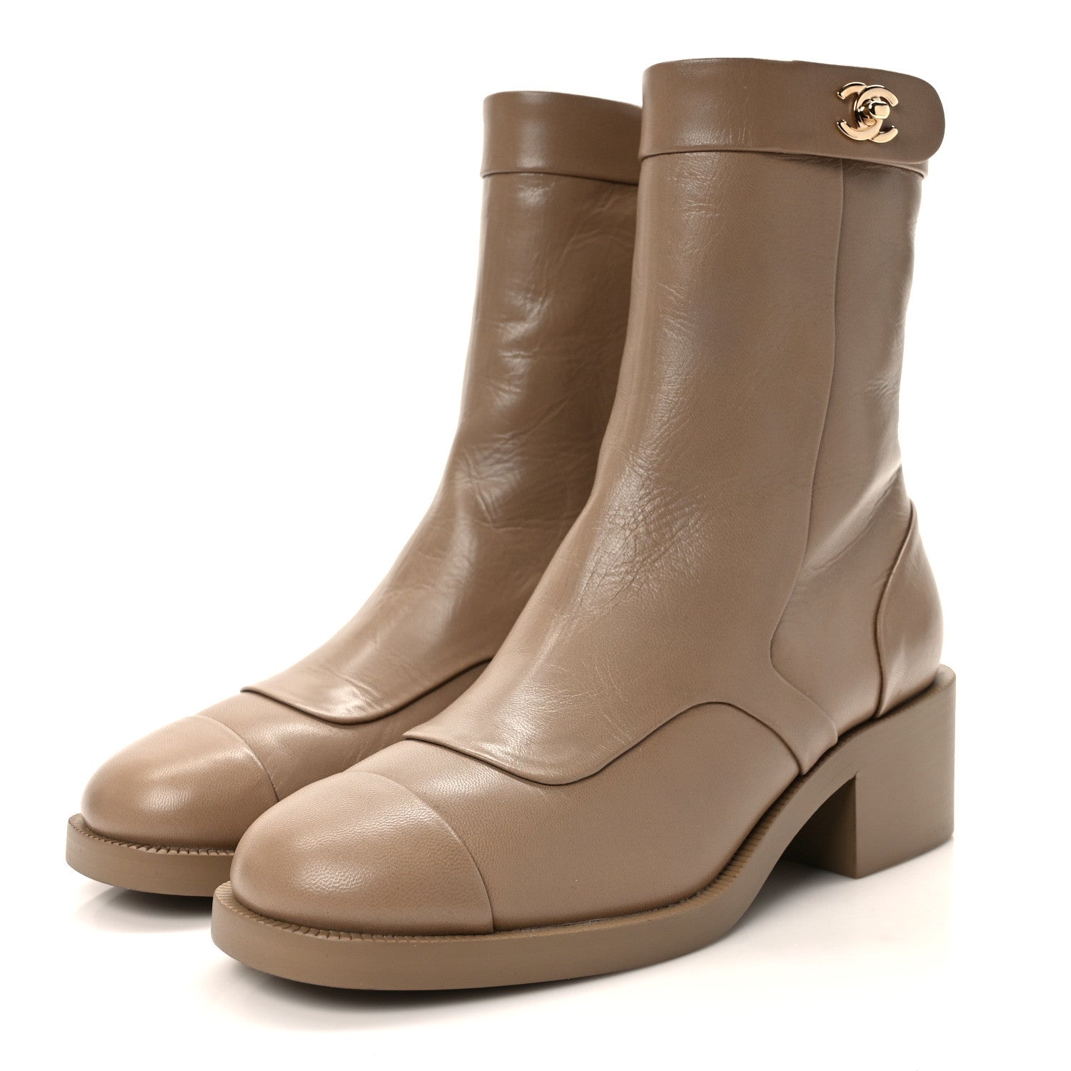 Chanel Shiny Goatskin Cap Toe Short Boots 37.5 Beige 3 of 9