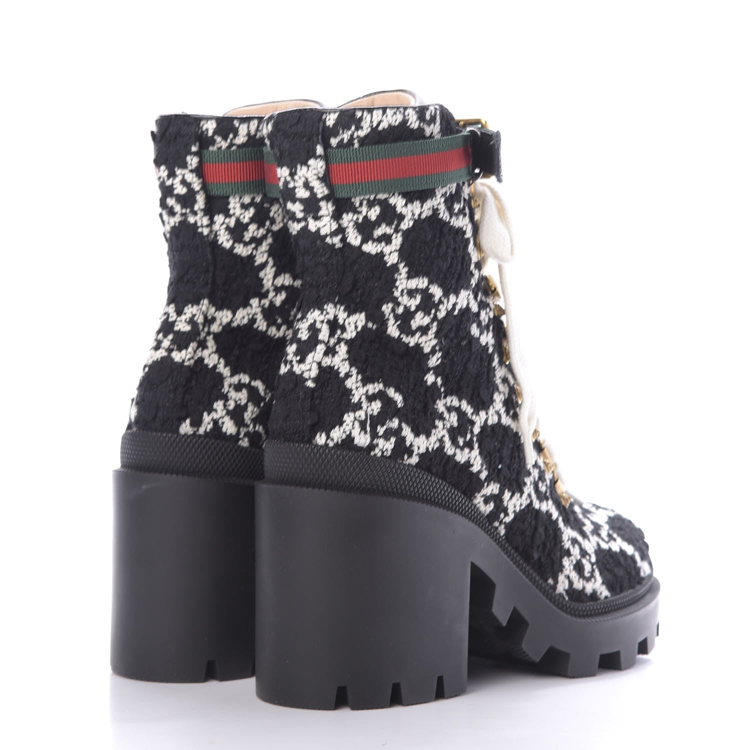 Gucci Tweed GG Monogram Lace Up Combat Ankle Boots 37.5 Black 4 of 9