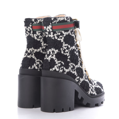 Gucci Tweed GG Monogram Lace Up Combat Ankle Boots 37.5 Black 4 of 9