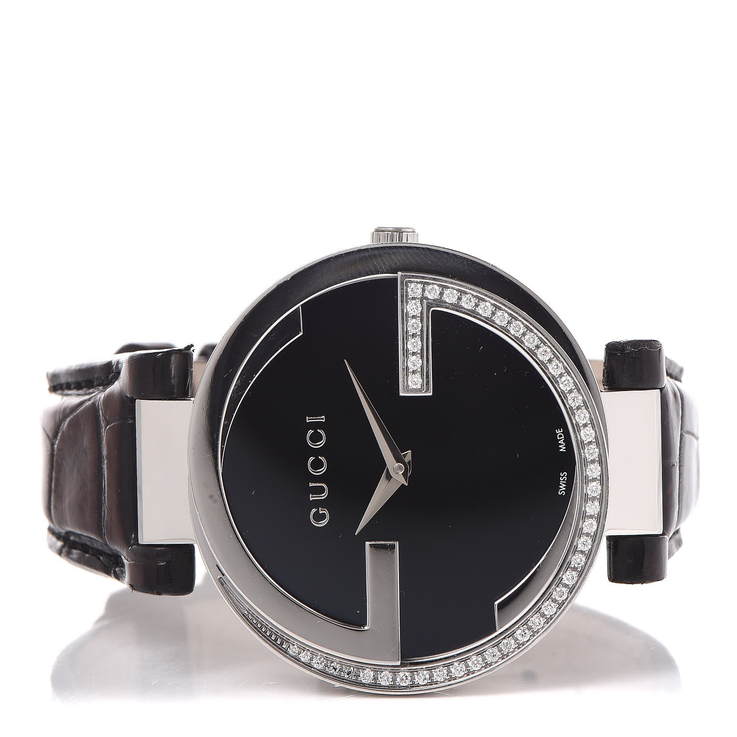 Gucci Stainless Steel Alligator Diamond 37mm Interlocking G Quartz Watch Black 3 of 7