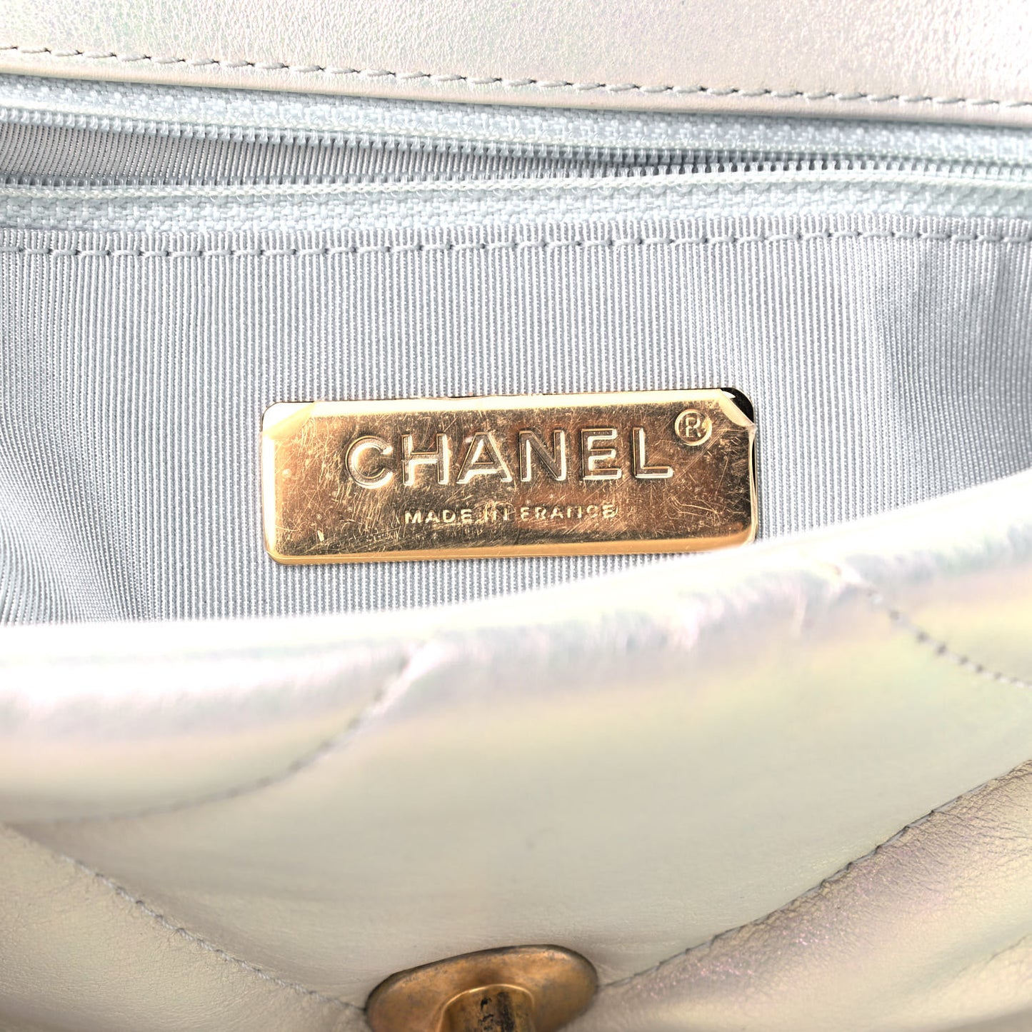 Iridescent Calfskin Quilted Medium Chanel 19 Flap White