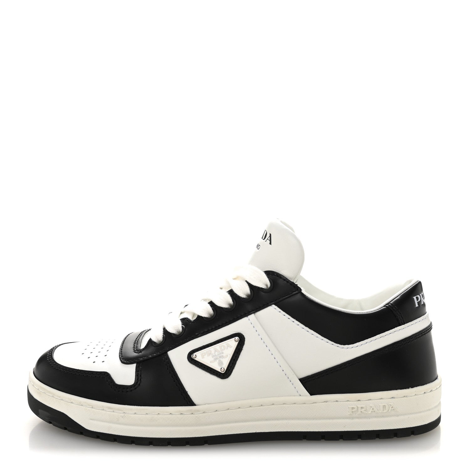Prada Vitello Sport Spazzolato Rois Triangle Logo Womens Downtown Low Top 30mm Sneakers 39.5 White Black 1 of 10