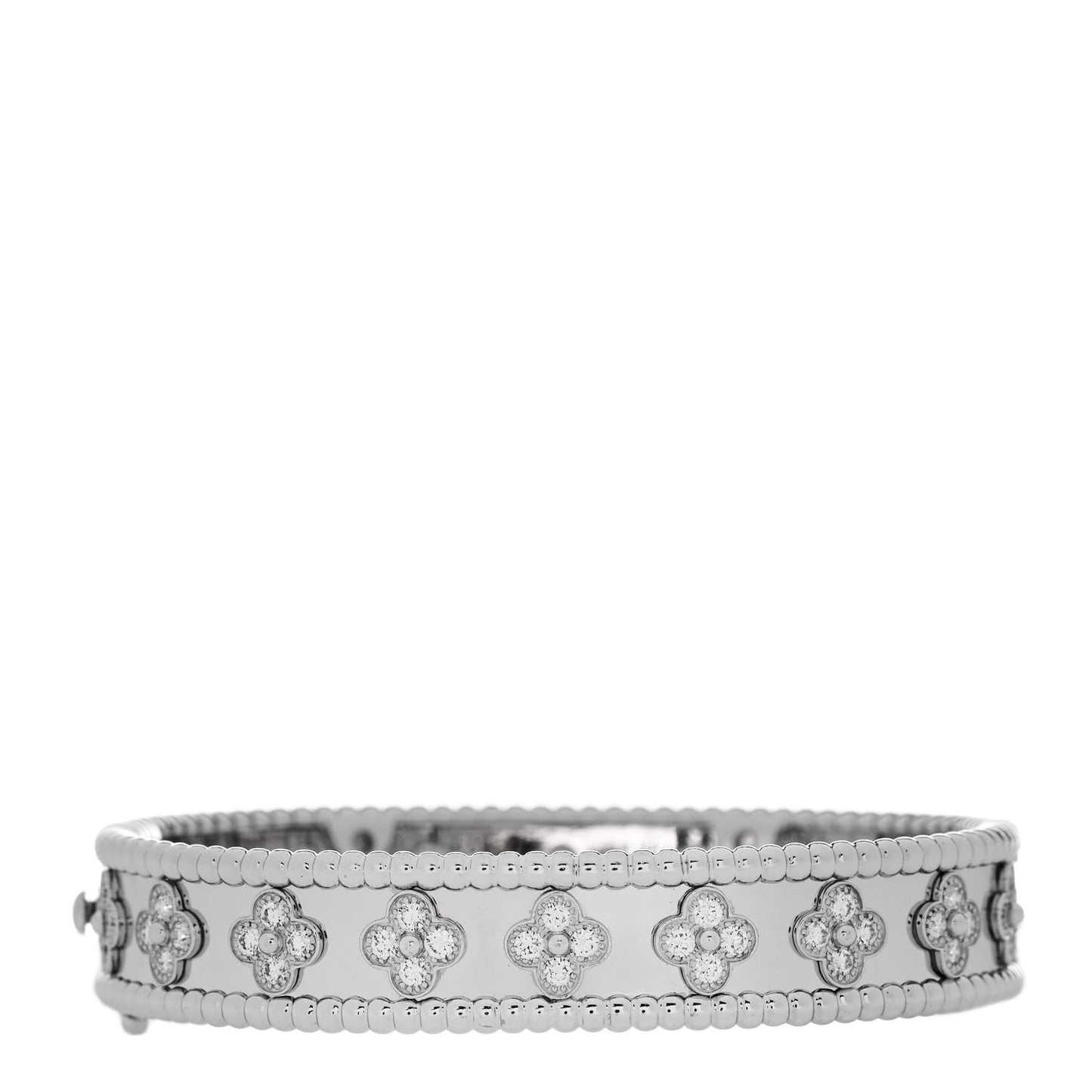 18K White Gold Diamond Perlee Clovers Bangle Bracelet XS