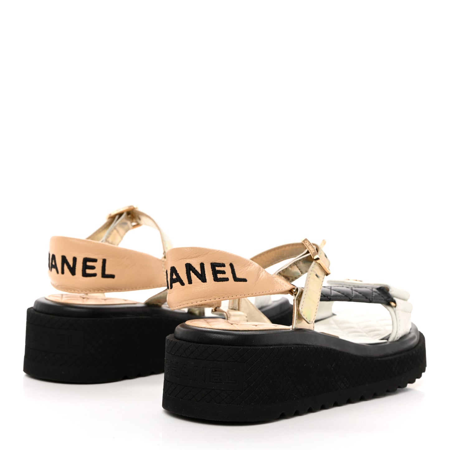 Lambskin Logo Platform Sandals 36.5 Beige Gold White