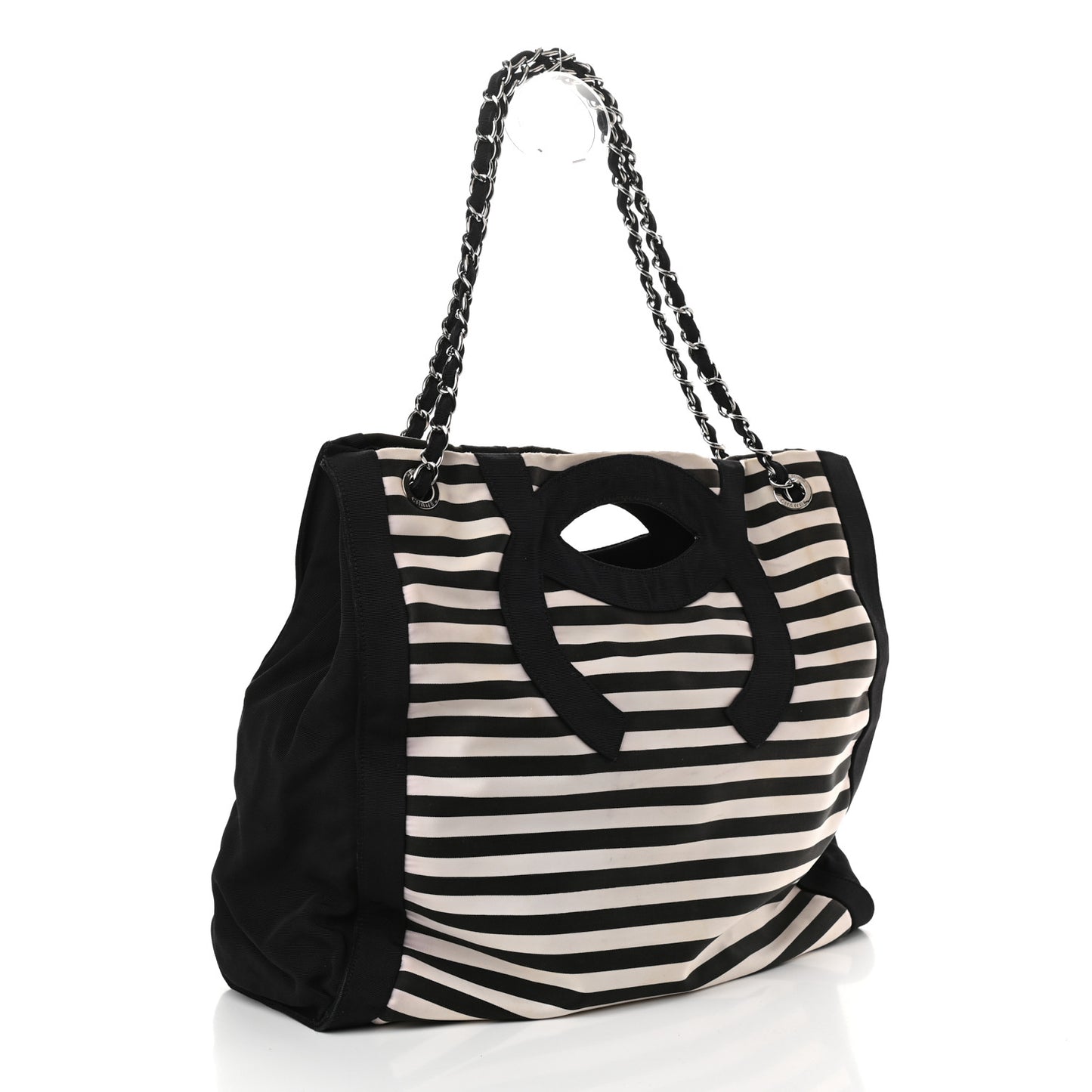 Striped Canvas CC Shopping Tote Black White