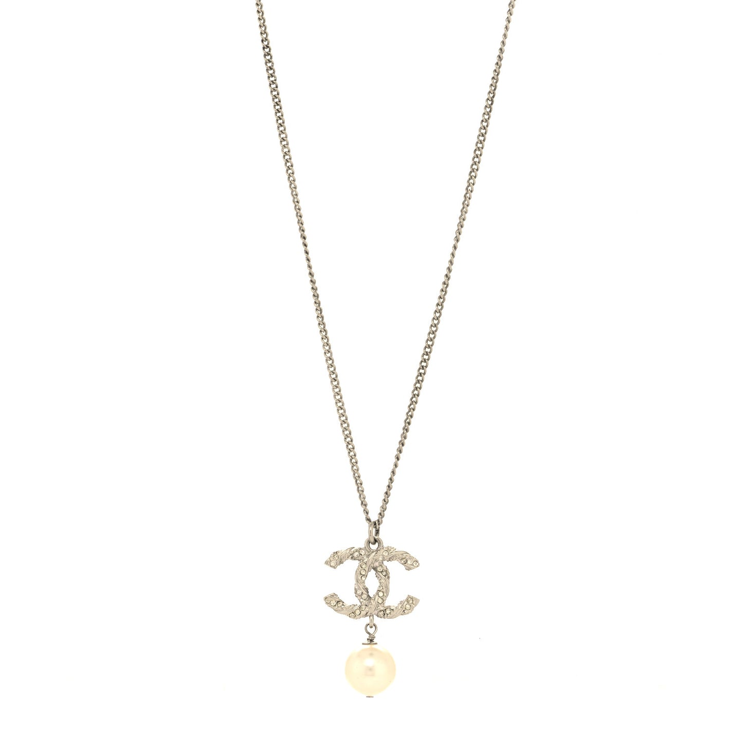 Crystal Pearl Twisted CC Drop Necklace Silver