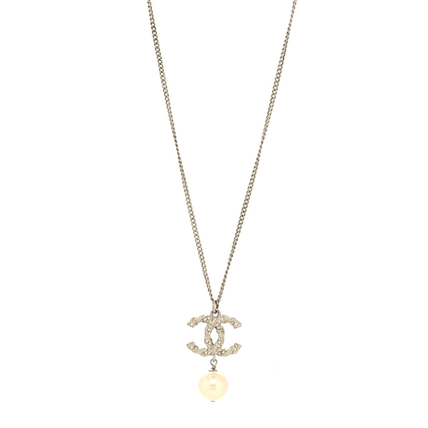 Chanel Crystal Pearl Twisted CC Drop Necklace Silver 2 of 5