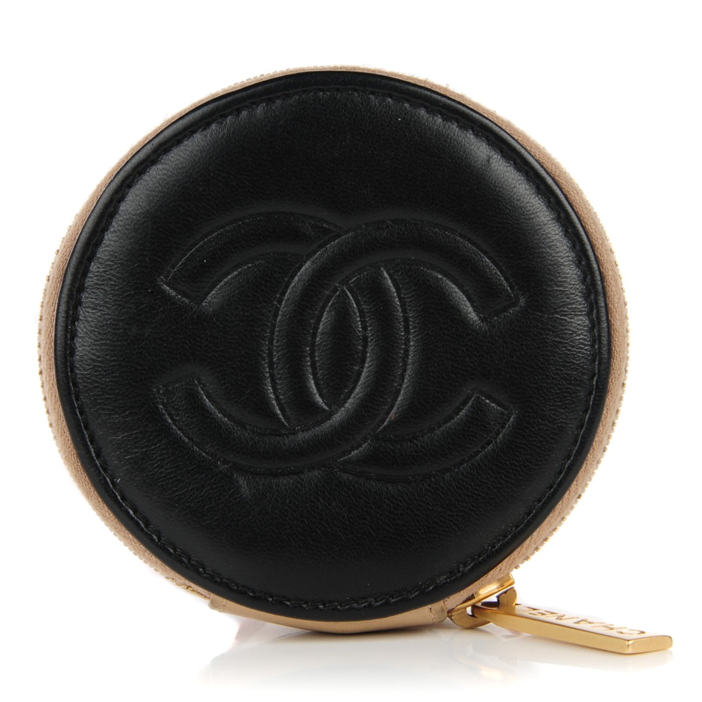 Lambskin Round Camellia CC Coin Purse Black Beige