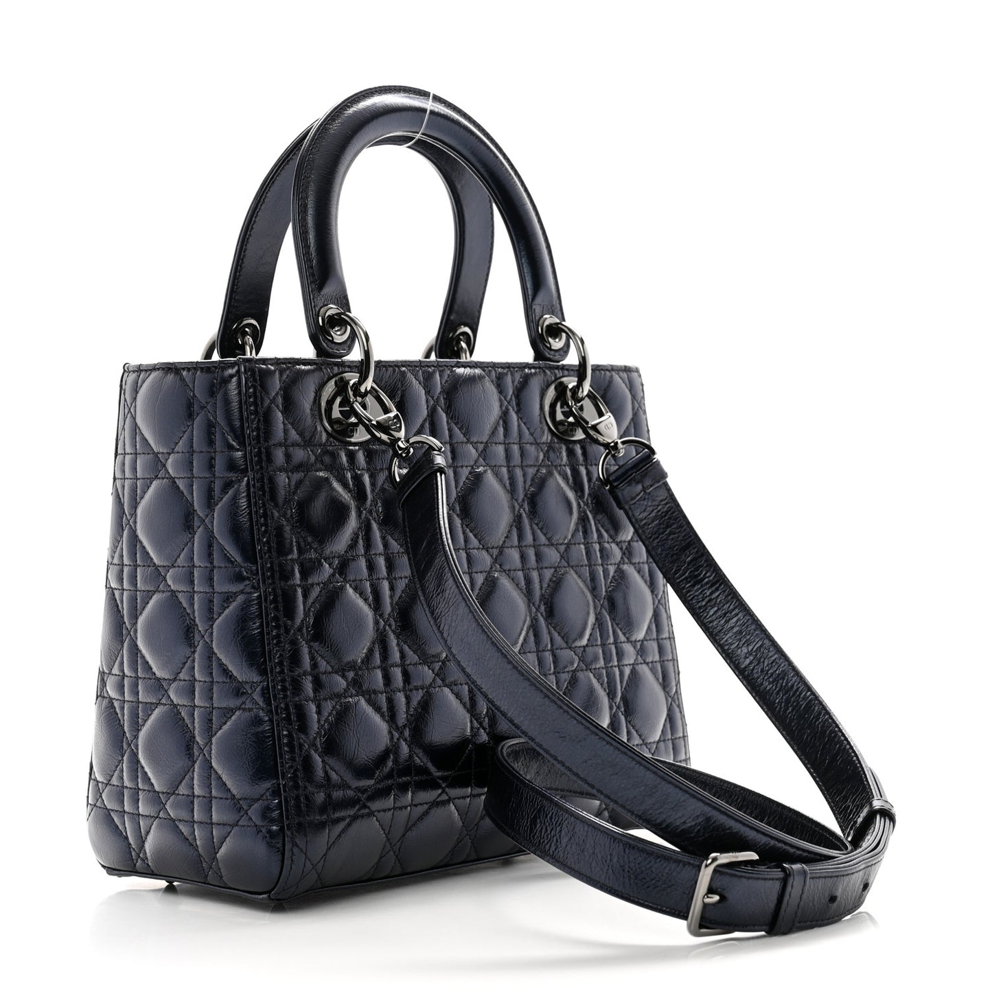 Metallic Lambskin Cannage Medium Lady Dior Navy Blue