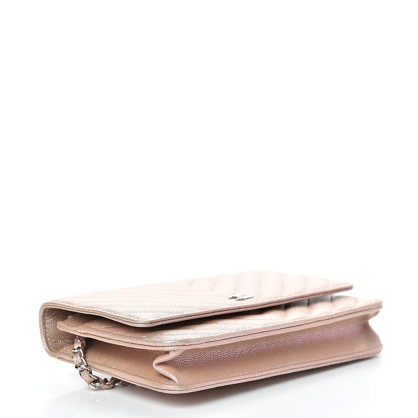 Metallic Caviar Chevron Quilted Wallet On Chain WOC Light Gold