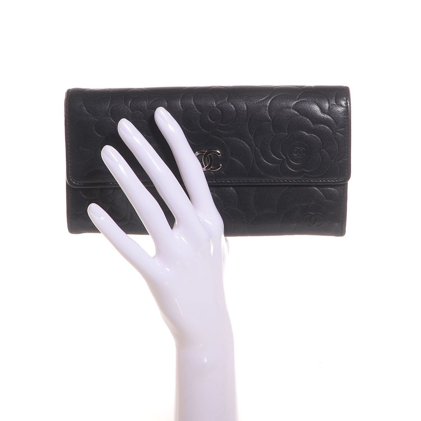 Lambskin Camellia Embossed Large Gusset Flap Wallet Black