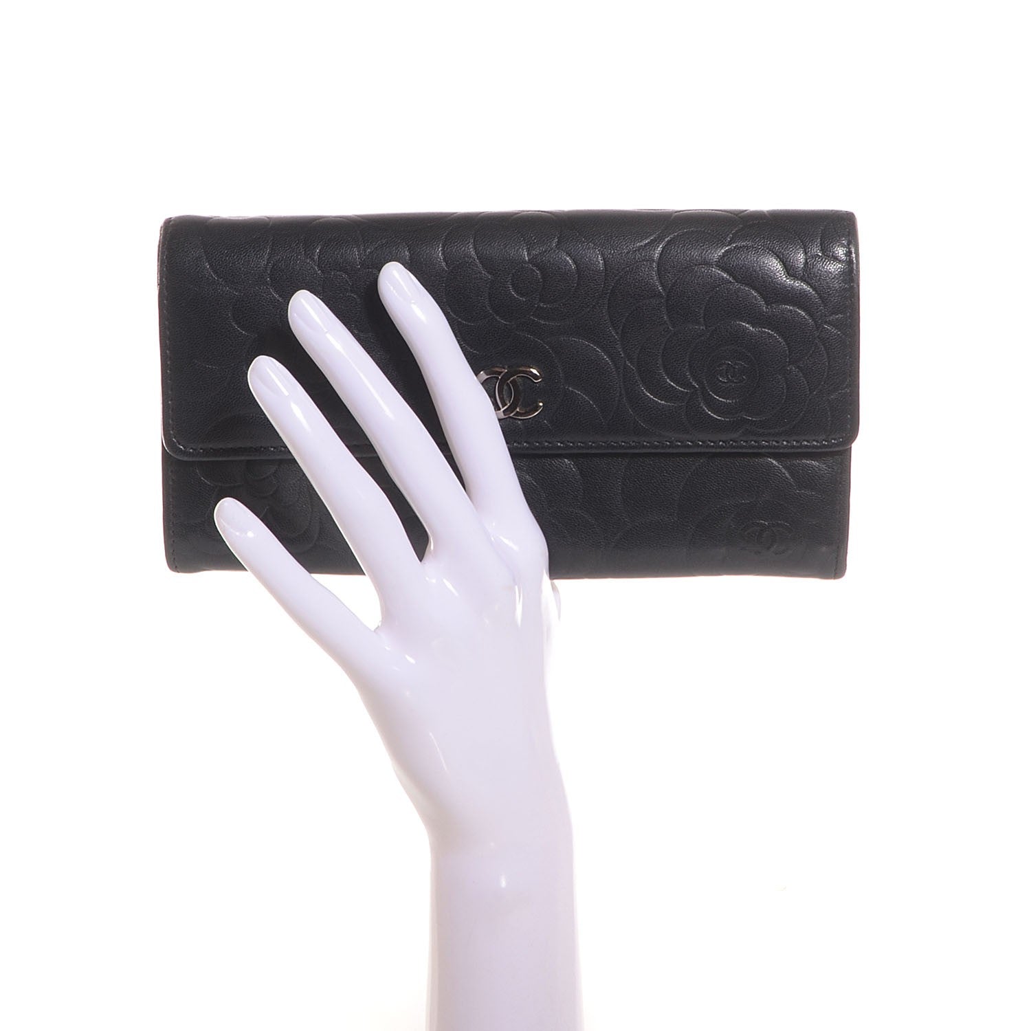 Chanel Lambskin Camellia Embossed Large Gusset Flap Wallet Black 2 of 7