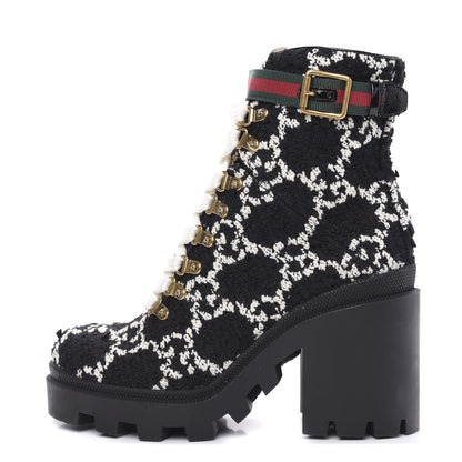 Gucci Tweed GG Monogram Lace Up Combat Ankle Boots 37 Black 1 of 8